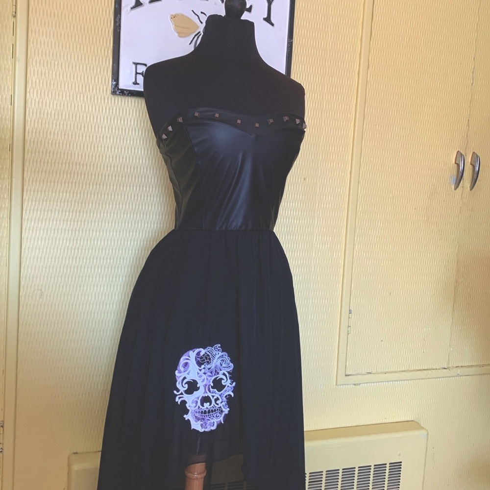 Sexy and Daring unique skeleton appliqué corset style high low dress by Janice